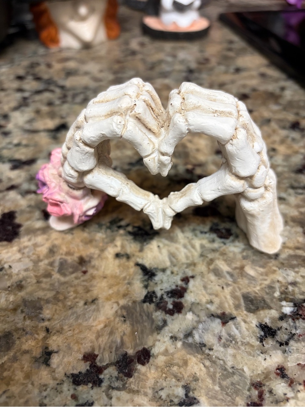 White Skeleton Hands Heart Figurine with Pink Floral Accent - Home Accent